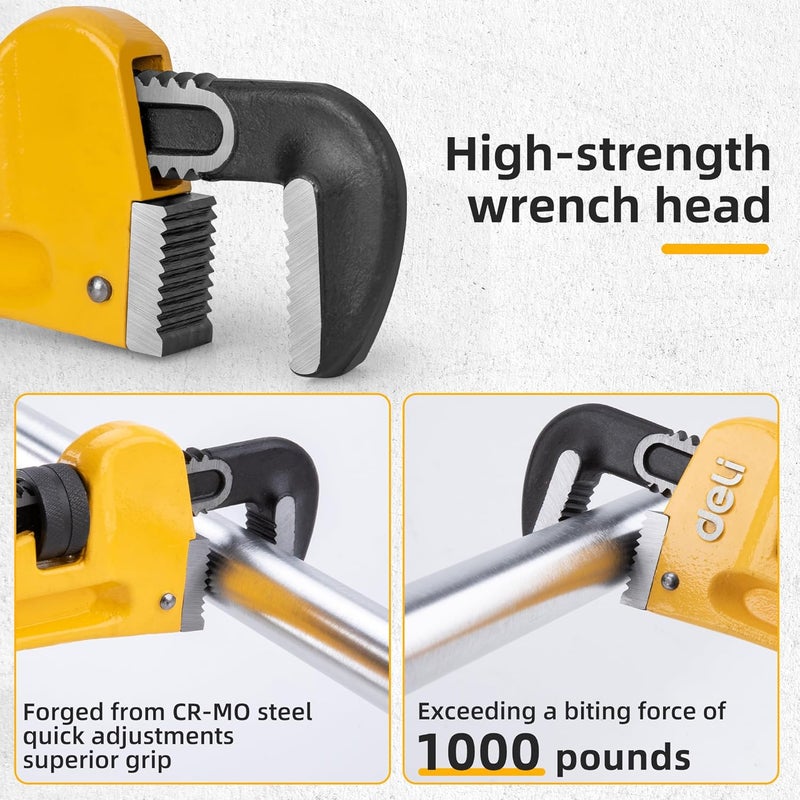 Deli Pipe Wrench 14-inch, Heavy Duty Straight Adjustable Wrench, Professional Plumbing wrench tools, for Pipe, Home, Vehicle repair - Image 3